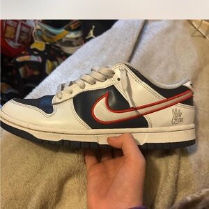 Nike Dunk Low Sneakers - White and Navy with Red Swoosh